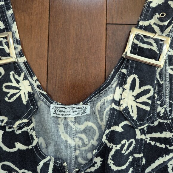 FLORAL DETAIL VINTAGE DENIM SHORTEROLLS OVERALLS - Picture 2 of 2